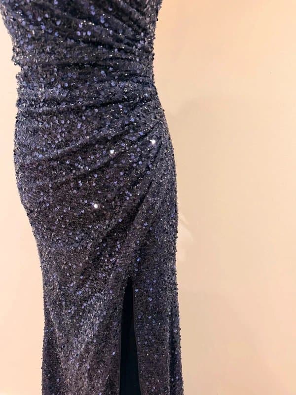 Adyce ADYCE Navy Sequin Pleated Front Slit Evening Gown Maxi Dress Size S / UK 8