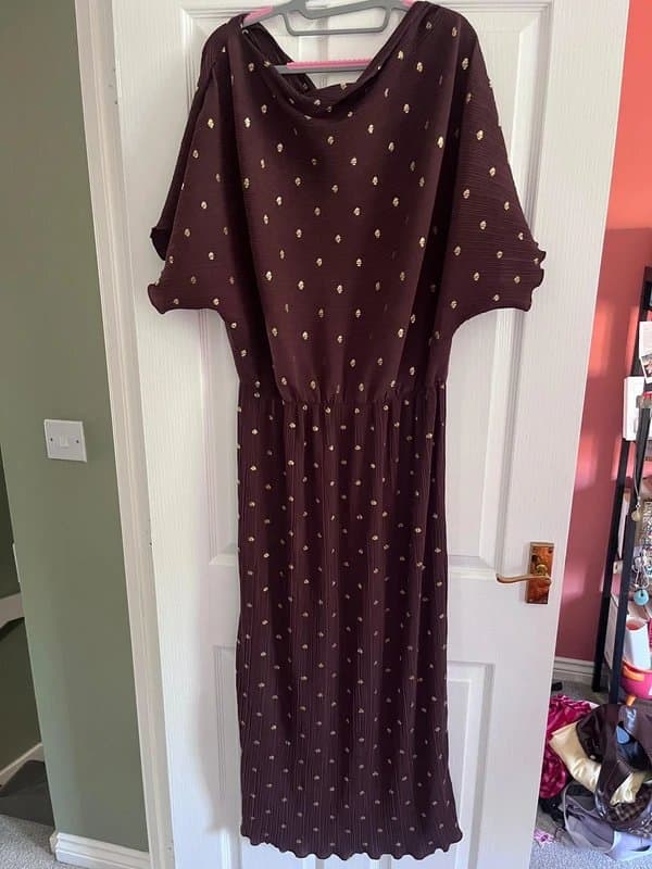 Never Fully Dressed Never Fully Dressed Brown Gold Spot Midi Dress UK 8-12 Stretch Occasion