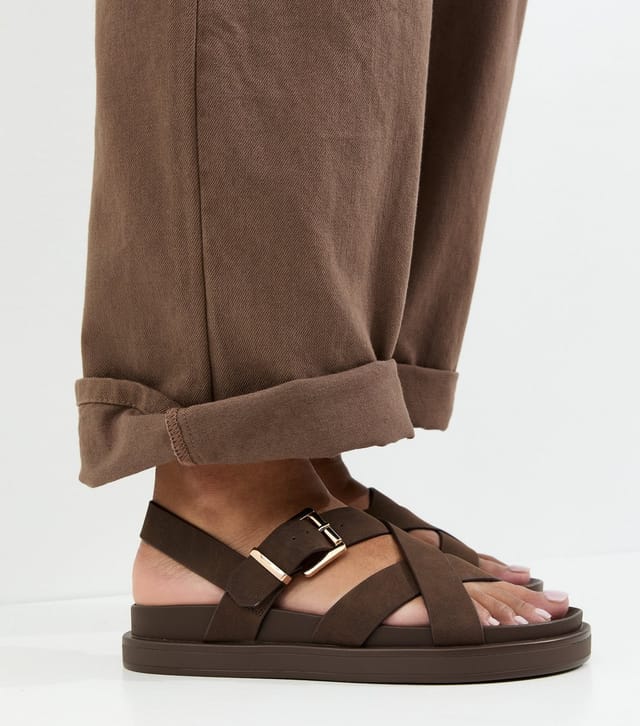New Look Women's Brown Faux Brushed Leather Multi Strap Chunky Flat Sandals Vegan New Look - 2