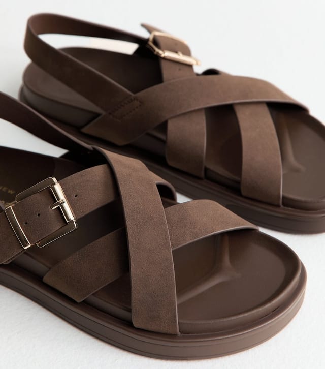 New Look Women's Brown Faux Brushed Leather Multi Strap Chunky Flat Sandals Vegan New Look - 3