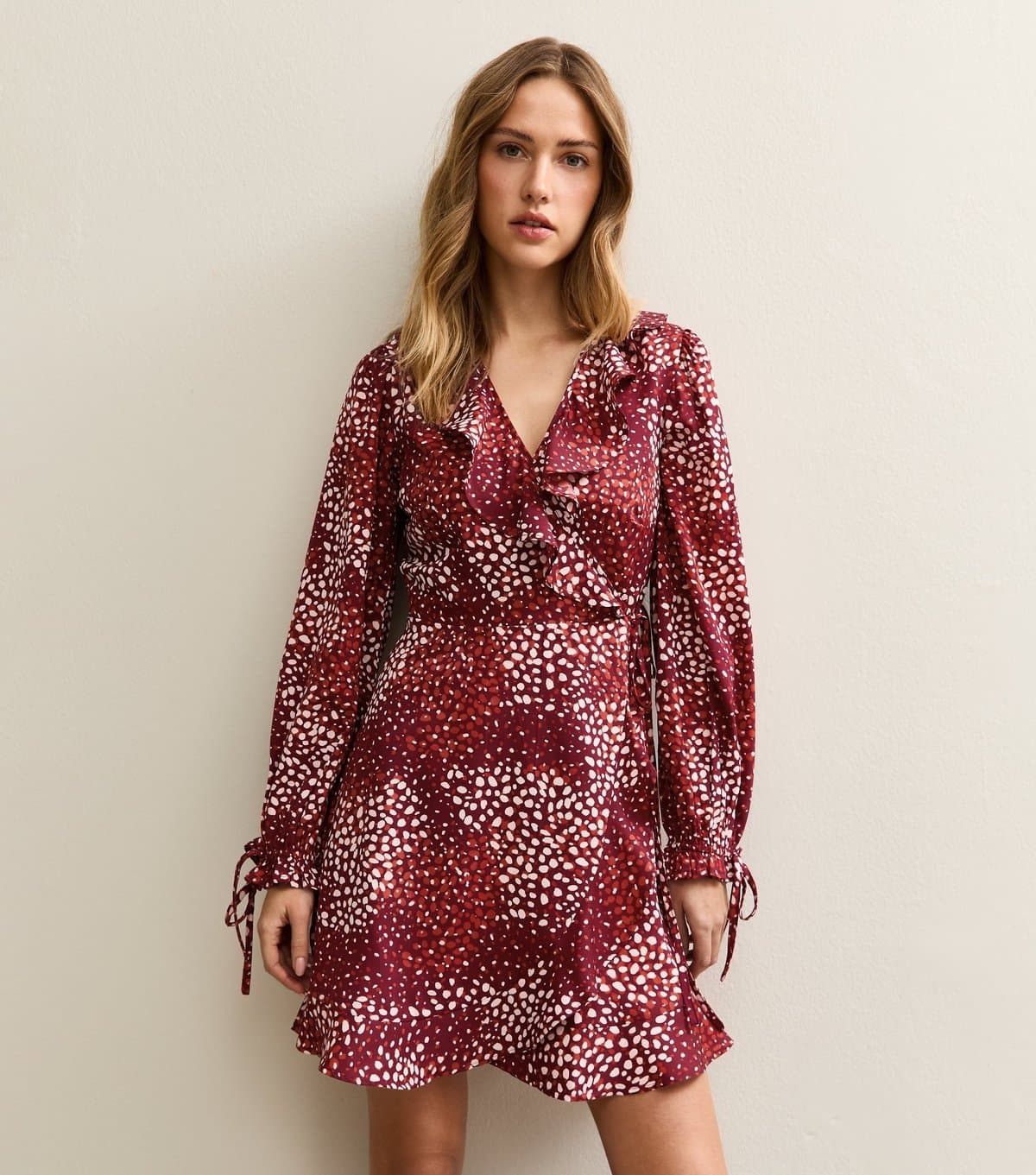 New Look Women's Red Speckled Crepe Ruffle Wrap Mini Dress New Look