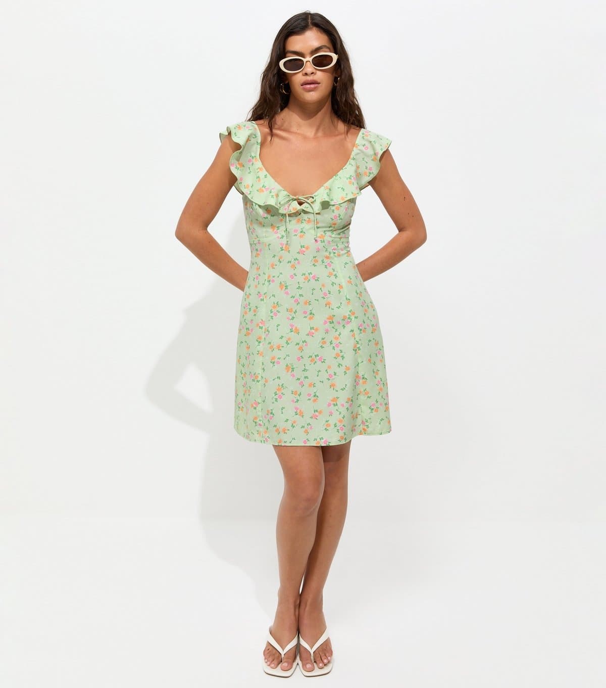 New Look Women's Green Crepe Ditsy Print Ruffle Trim Mini Dress New Look