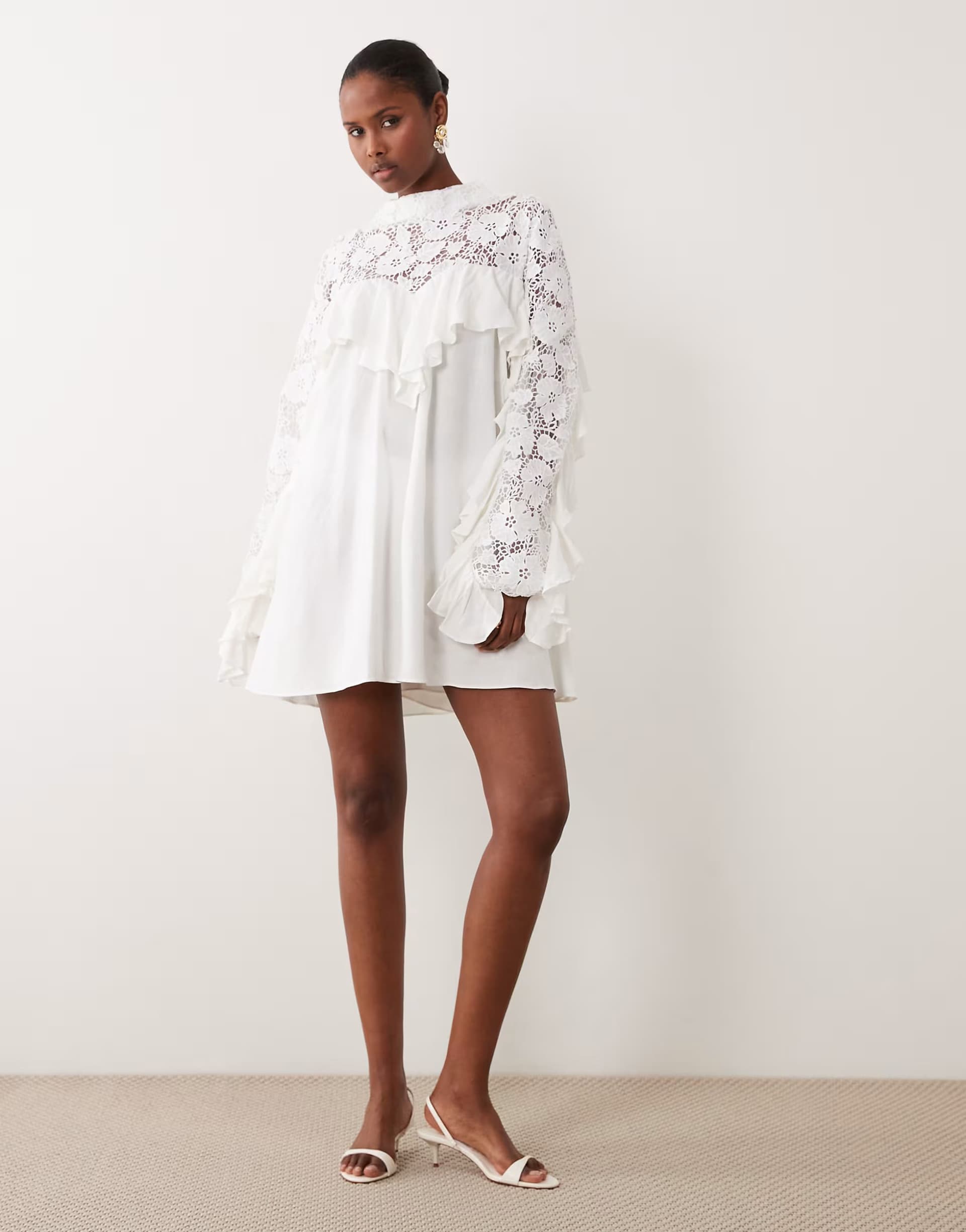 ASOS Noughts & Kisses crochet lace high neck ruffle trim mini dress in white