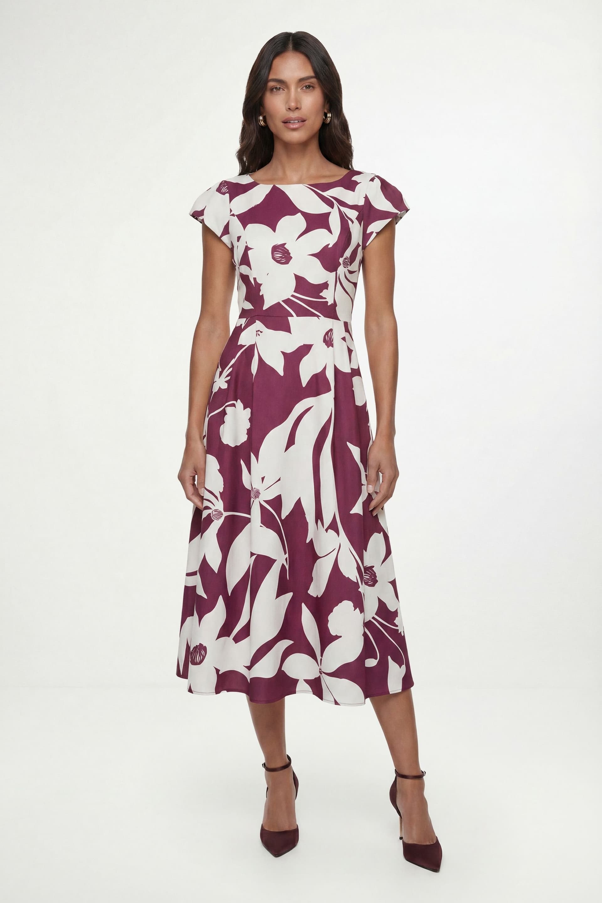 Wallis Wallis Women's Floral Ottoman Fit & Flare Midi Dress in Wine