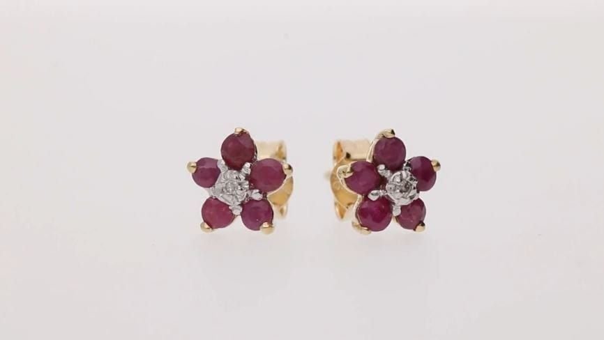 Gemondo Gemondo Women's 9ct Yellow Gold Floral Round Ruby & Diamond Cluster Stud Earrings in Red - 2