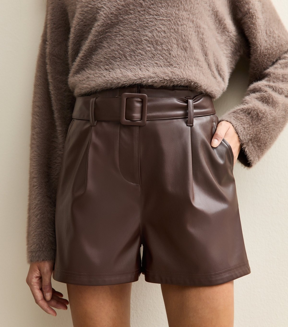 New Look Women's Dark Brown Faux Leather Belted Shorts New Look - 3