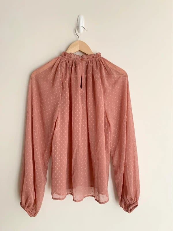 Lipsy Lipsy Dusky Rose Dobby Mesh Ruffle Blouse – Size 12 – High Neck