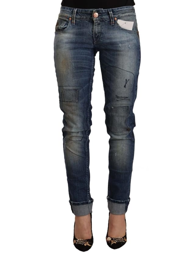 Acht Acht Women's Blue Washed Low Waist Folded Hem Slim Fit Jeans - 2