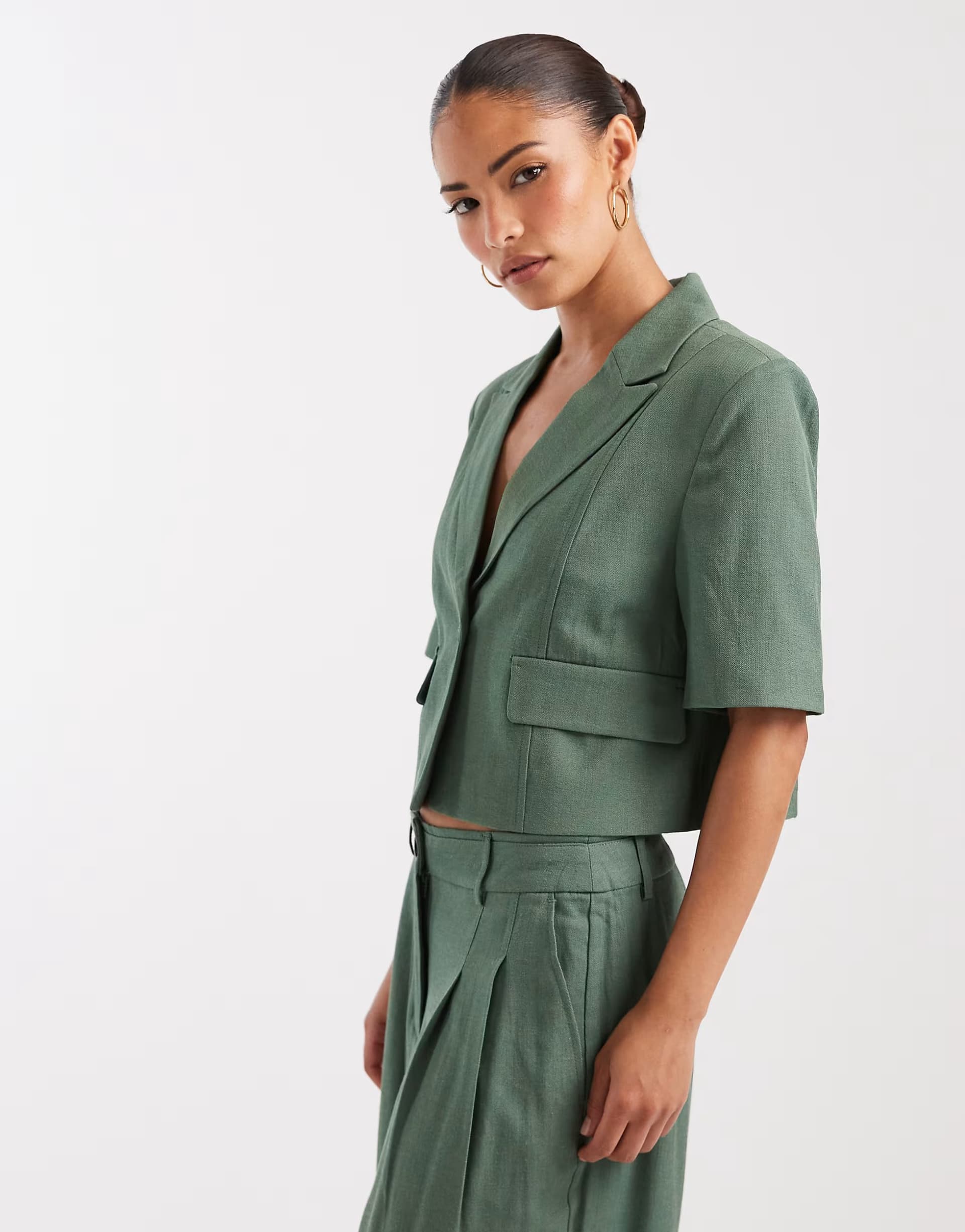 ASOS Vero Moda Petite cropped short sleeve tailored blazer co-ord in laurel green