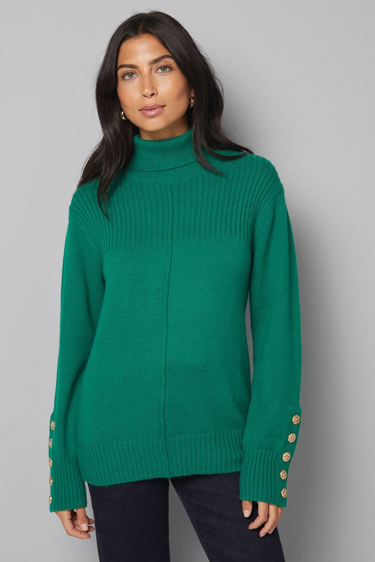 Wallis Wallis Green Rib Panel Button Sleeve Jumper