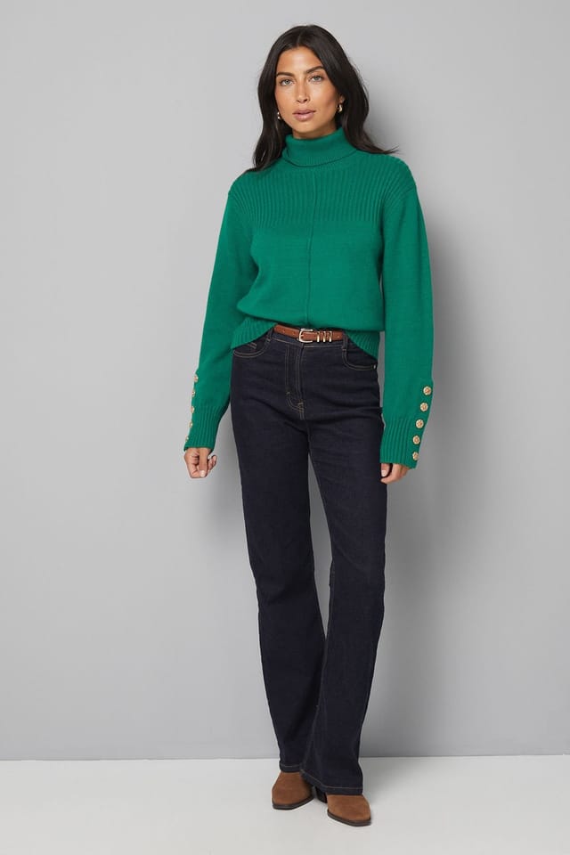 Wallis Wallis Women's Rib Panel Button Sleeve Jumper in Green - 2