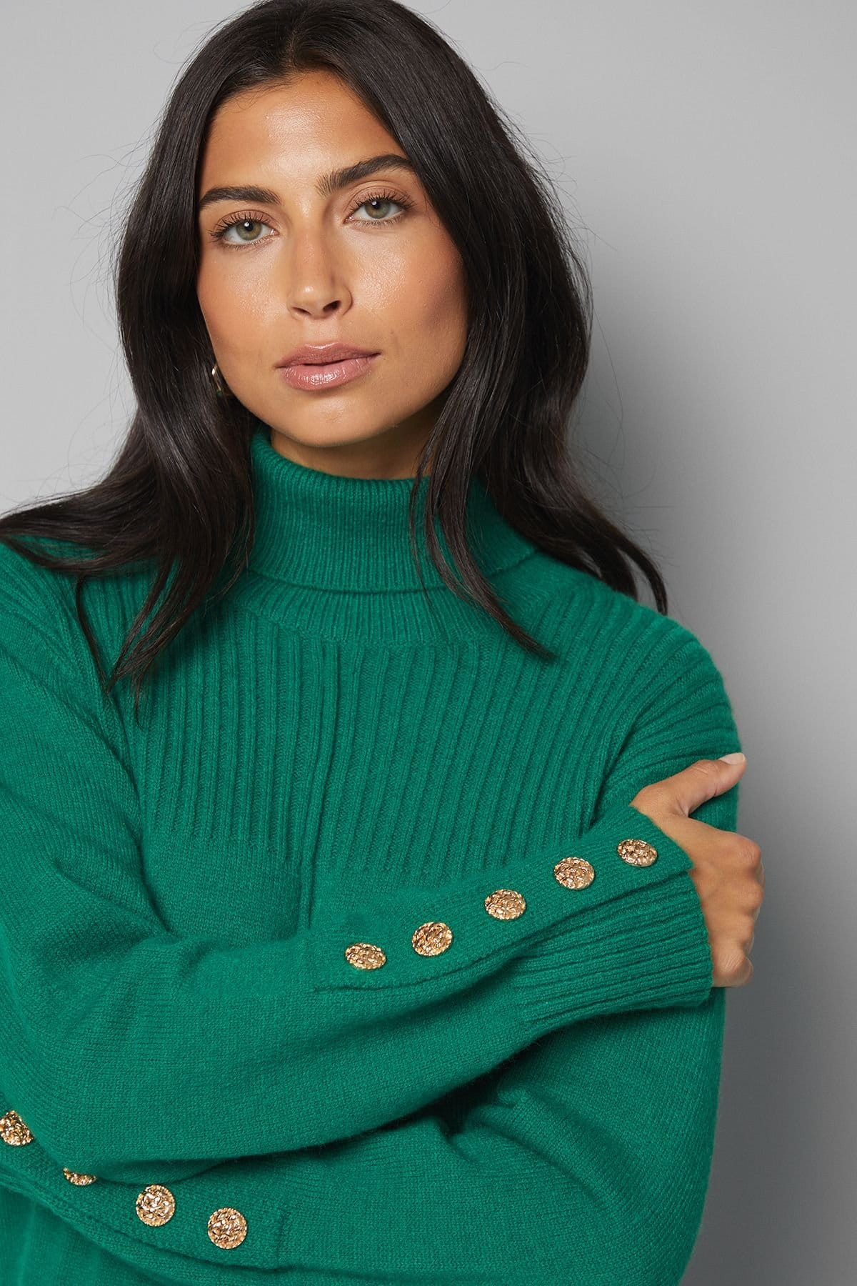 Wallis Wallis Women's Rib Panel Button Sleeve Jumper in Green - 4