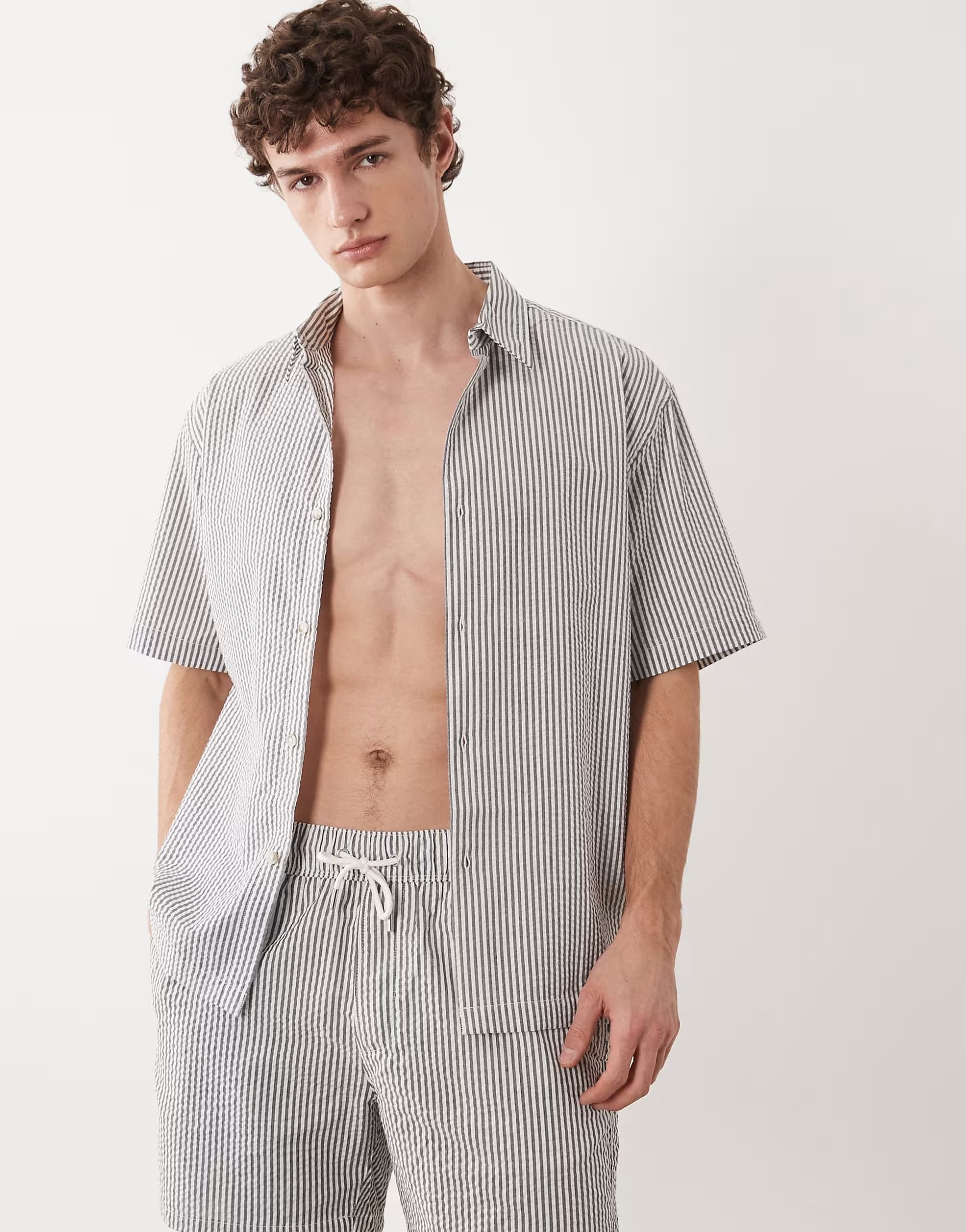 ASOS ASOS DESIGN co-ord relaxed seersucker shirt in black stripe