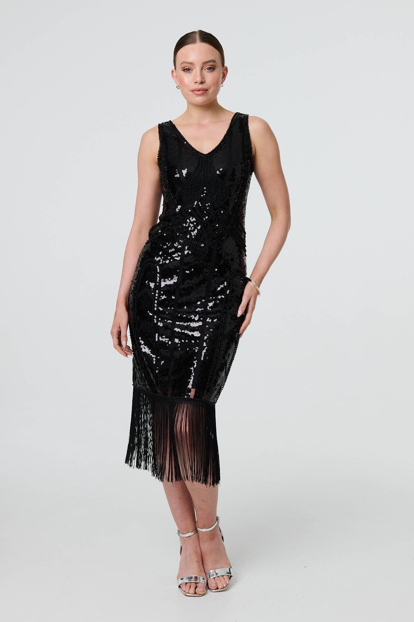 Izabel London Black Sequin Midi Dress with Tassel Trim