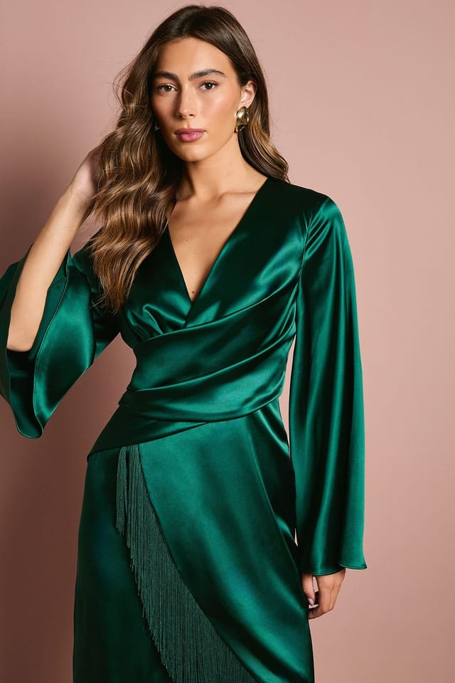 Coast Coast Women's Satin Fringe Hem Wrap Waist Midi Dress in Emerald - 2
