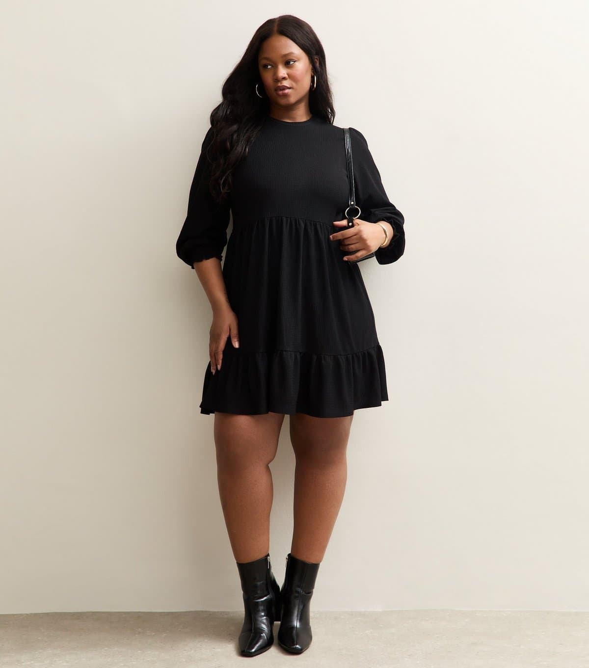 New Look Women's Curve Black Smock Long Sleeve Tiered Mini Dress New Look