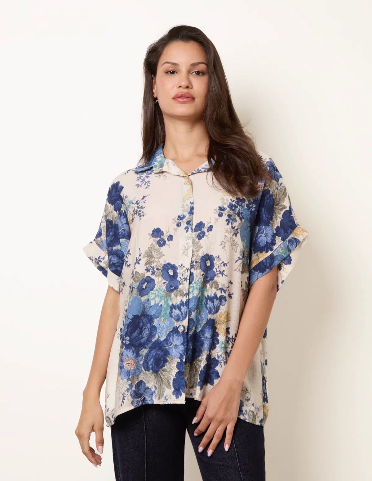 Blue Vanilla Floral Button Front Shirt