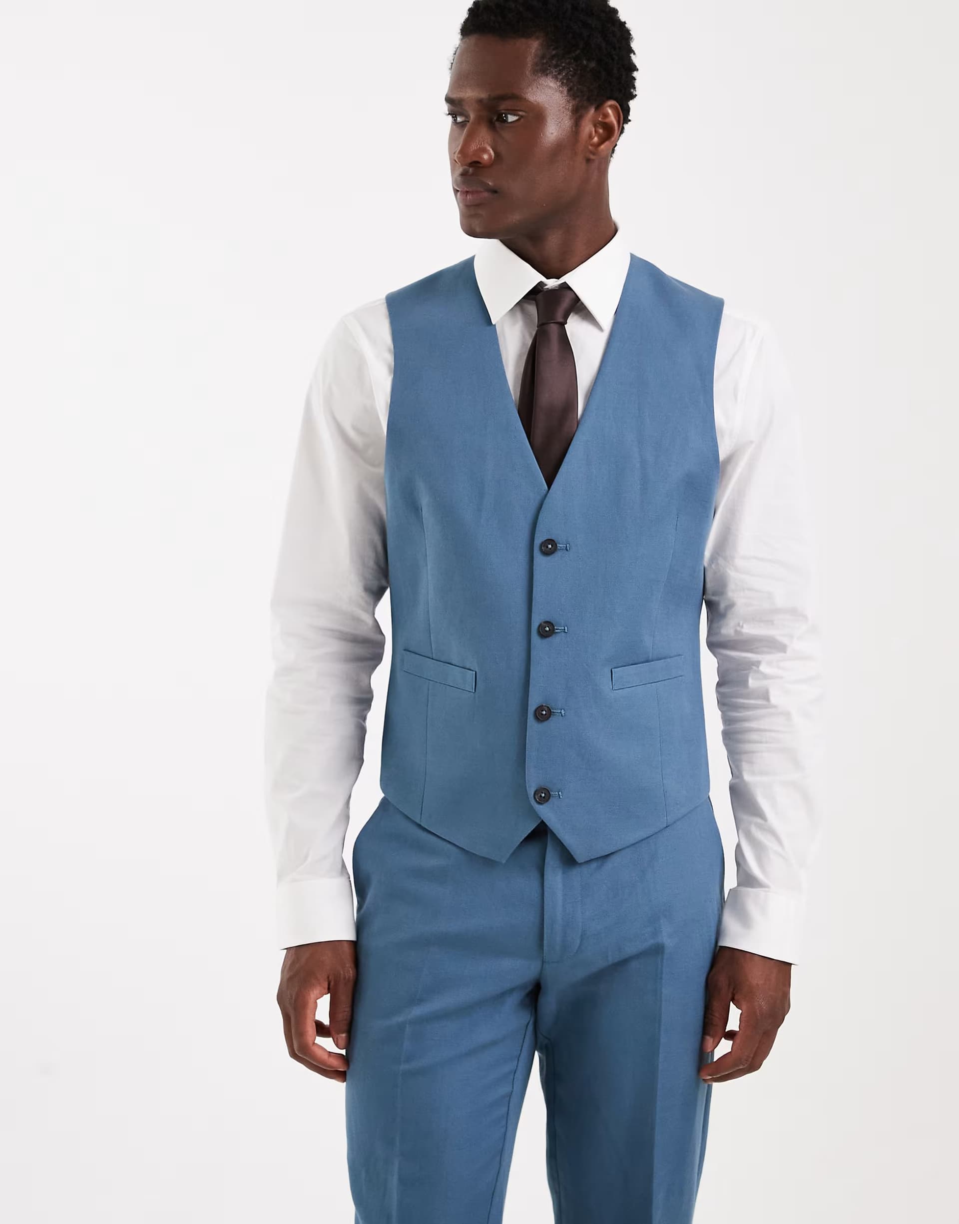 ASOS ASOS DESIGN slim suit waistcoat in linen rich mid blue twill