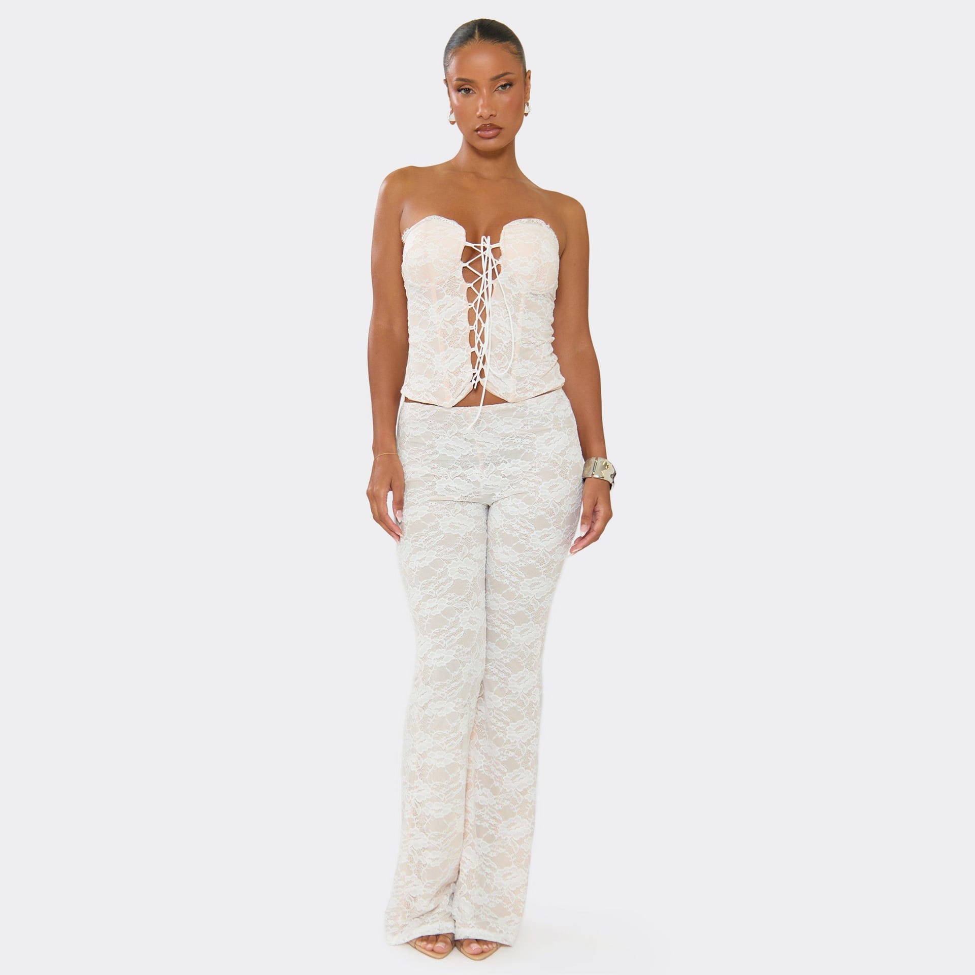 EGO White Lace Flared Trousers, Women's Mid Rise