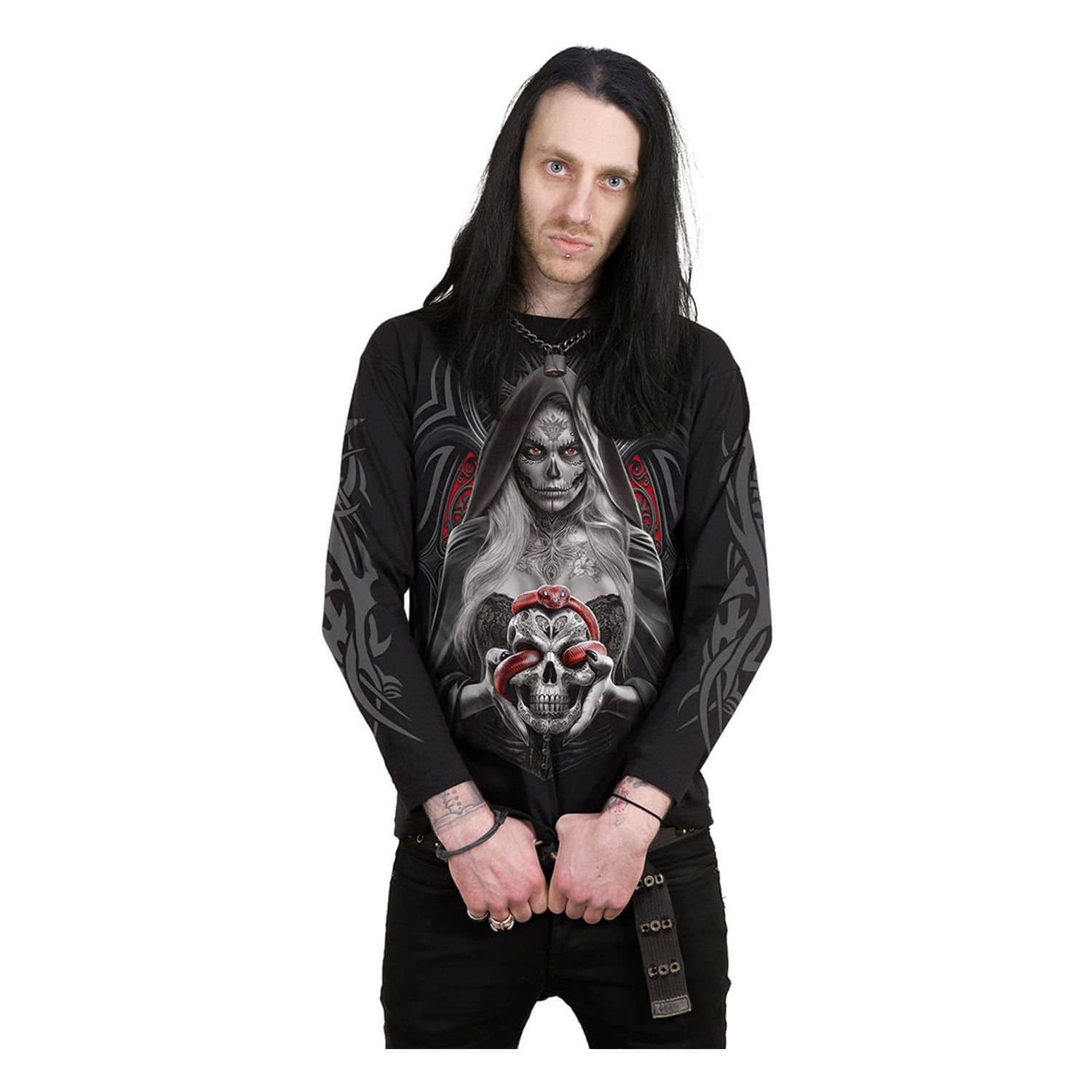 Spiral Direct Spiral Direct Men's High Priestess Back & Sleeve Print Long-Sleeved T-Shirt in Black