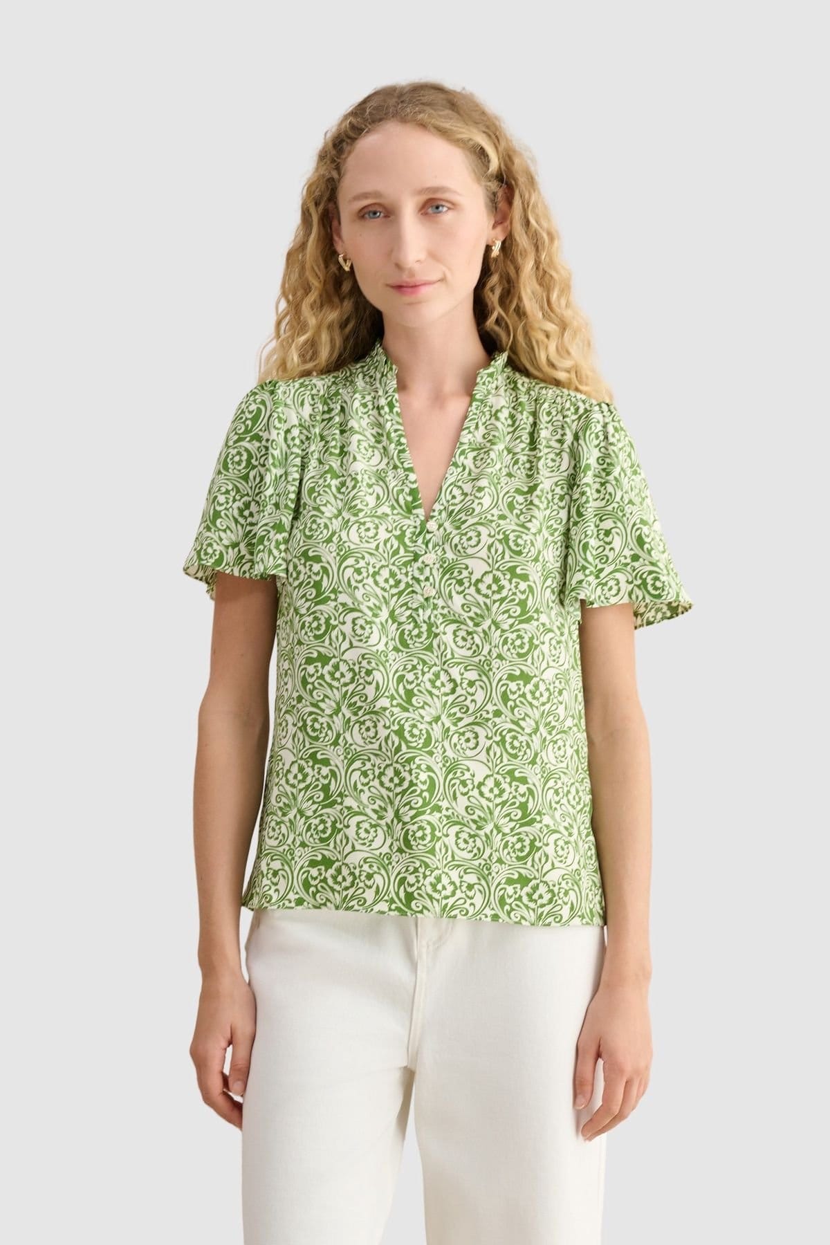 Hobbs London Green Printed Blouse with V-Neck