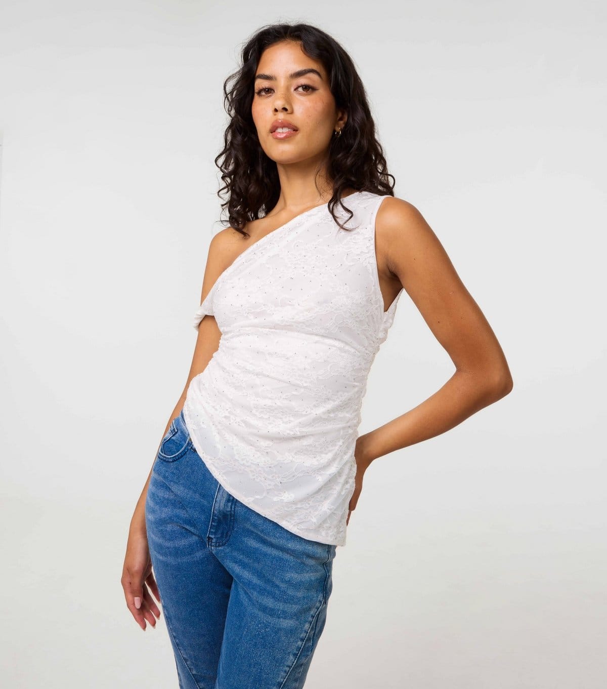 Pink Vanilla Off White Diamante Lace One-Shoulder Top
