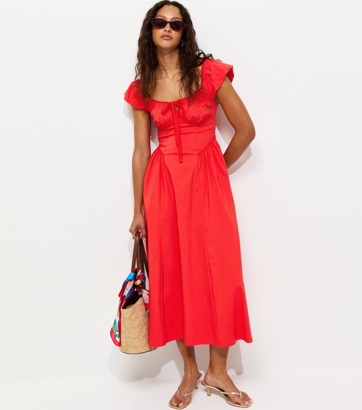 New Look Women's Dark Coral Lace Trim Milkmaid Midi Dress New Look