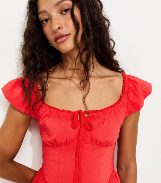 New Look Women's Dark Coral Lace Trim Milkmaid Midi Dress New Look - 2