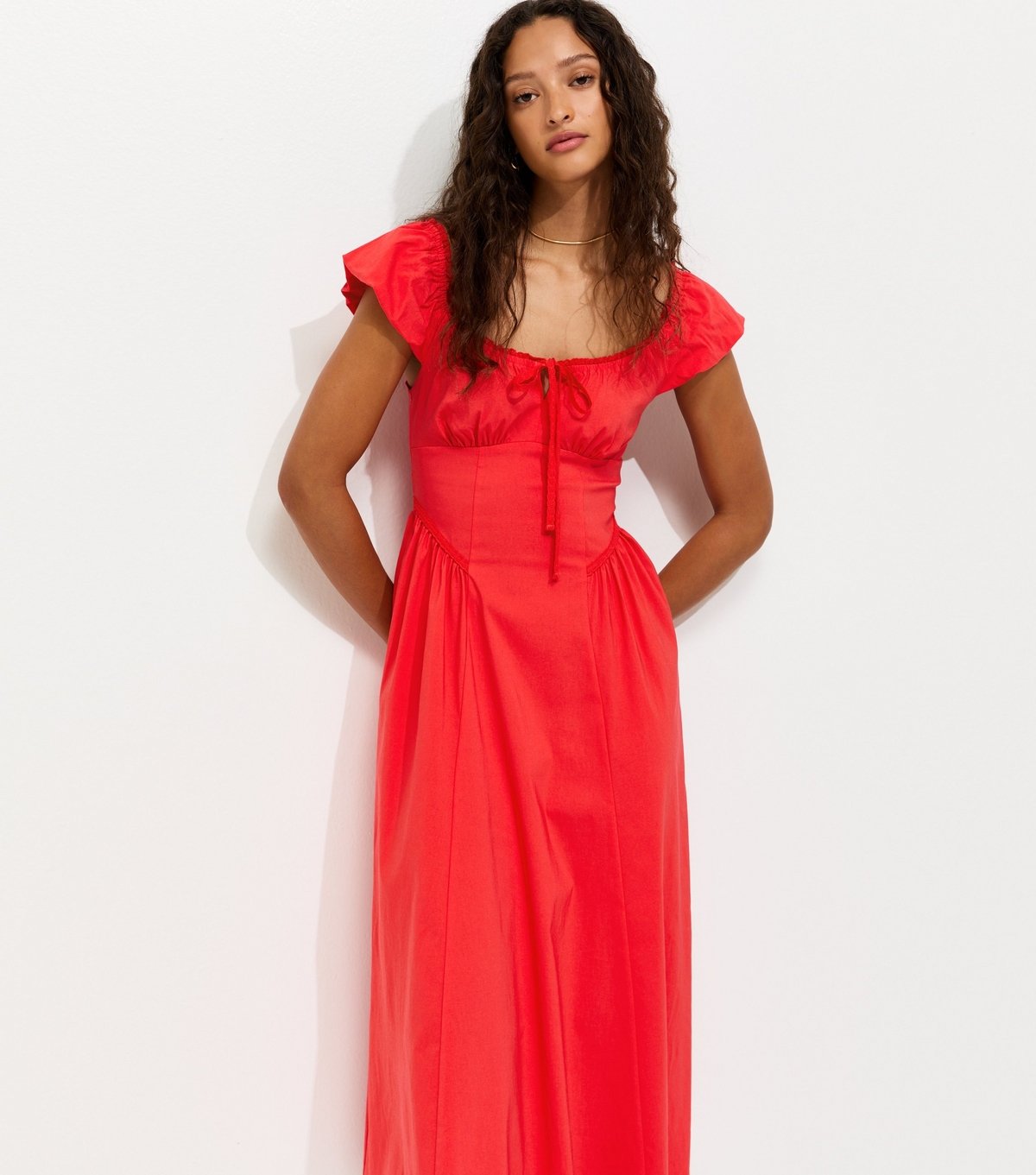 New Look Women's Dark Coral Lace Trim Milkmaid Midi Dress New Look - 3