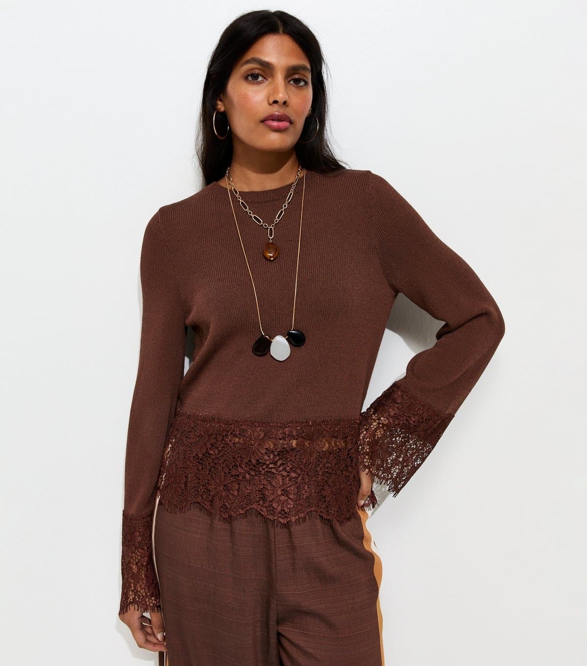 New Look Women's Dark Brown Scalloped Lace Hem Jumper New Look