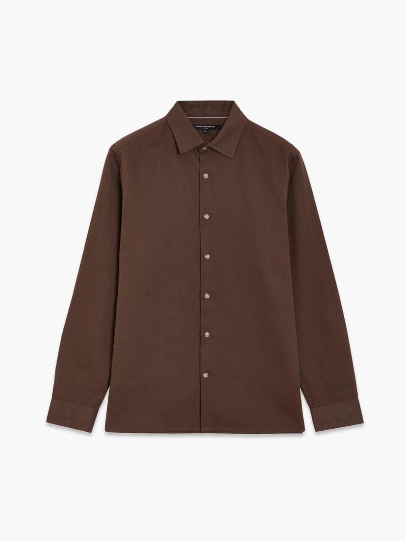 French Connection Linen Blend Long Sleeve Shirt Chocolate Brown - 1