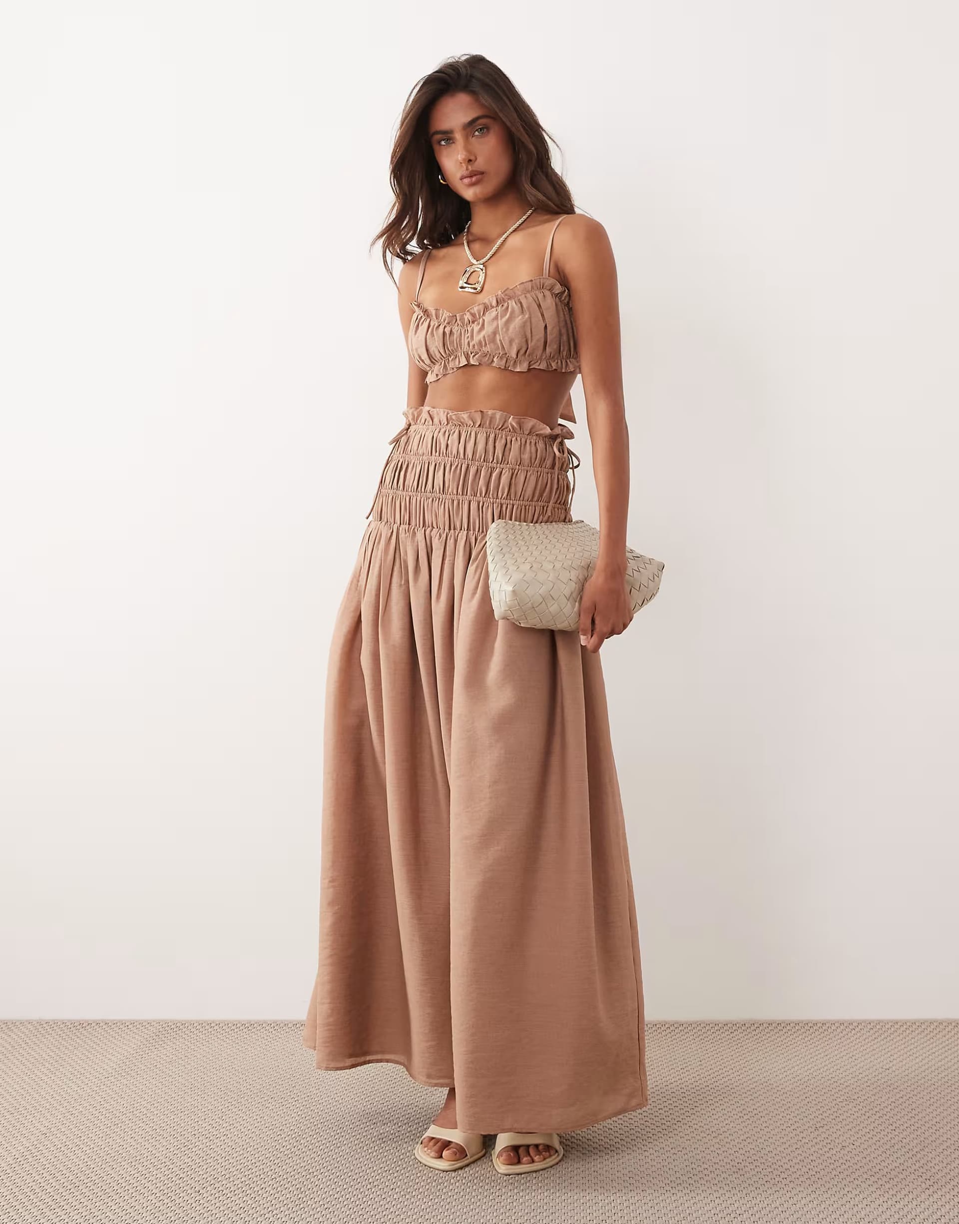 ASOS Wanderdoll Soulie linen look ruched tie back bralette top and maxi skirt co-ord in mocha