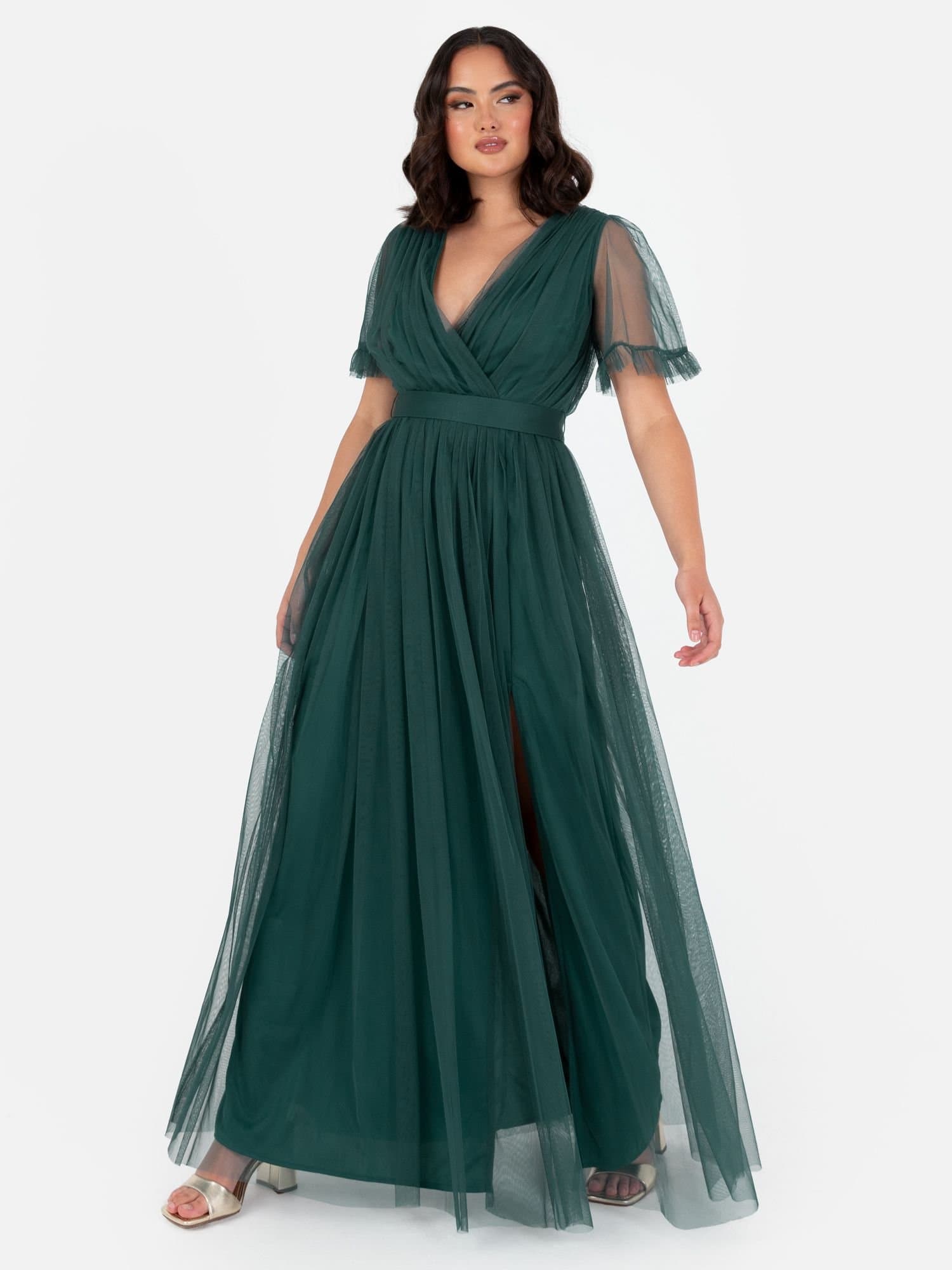 Anaya with Love Anaya with Love Women's Faux Wrap Short Sleeve Belted Maxi Dress in Emerald