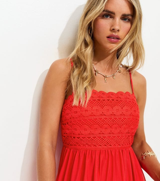 New Look Women's Petite Bright Red Crochet Panel Maxi Dress New Look - 2