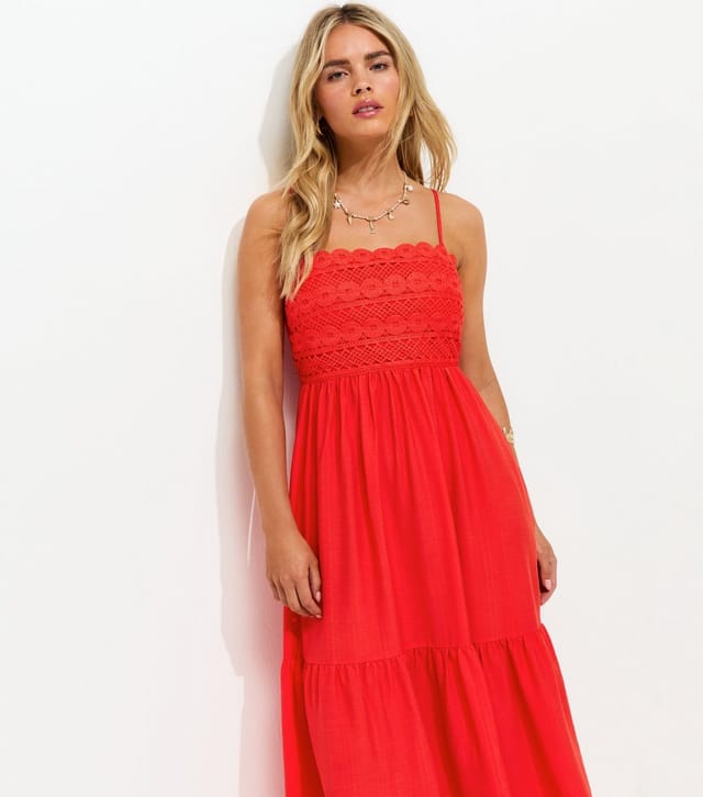 New Look Women's Petite Bright Red Crochet Panel Maxi Dress New Look - 3