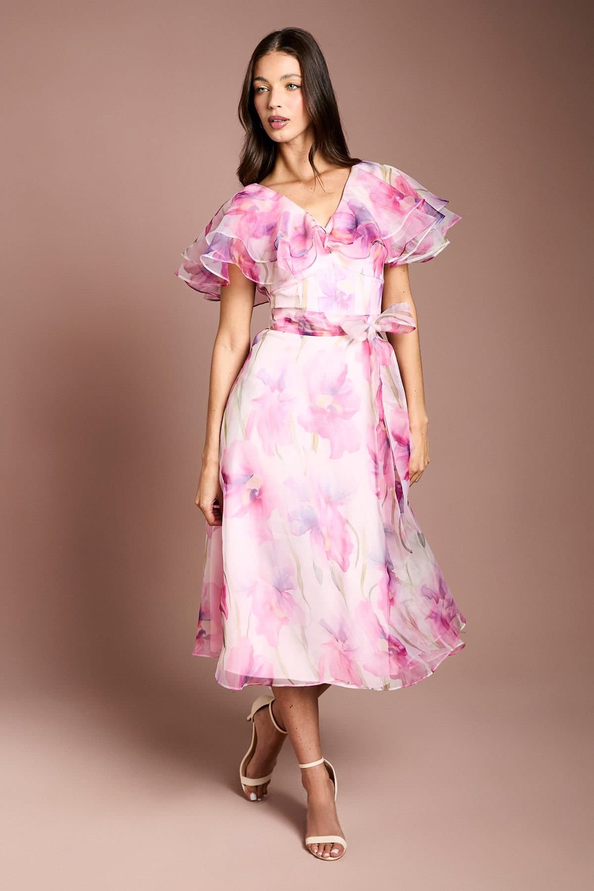 Coast Coast Women's Printed Organza Ruffle Sleeve Midi Dress in Pink
