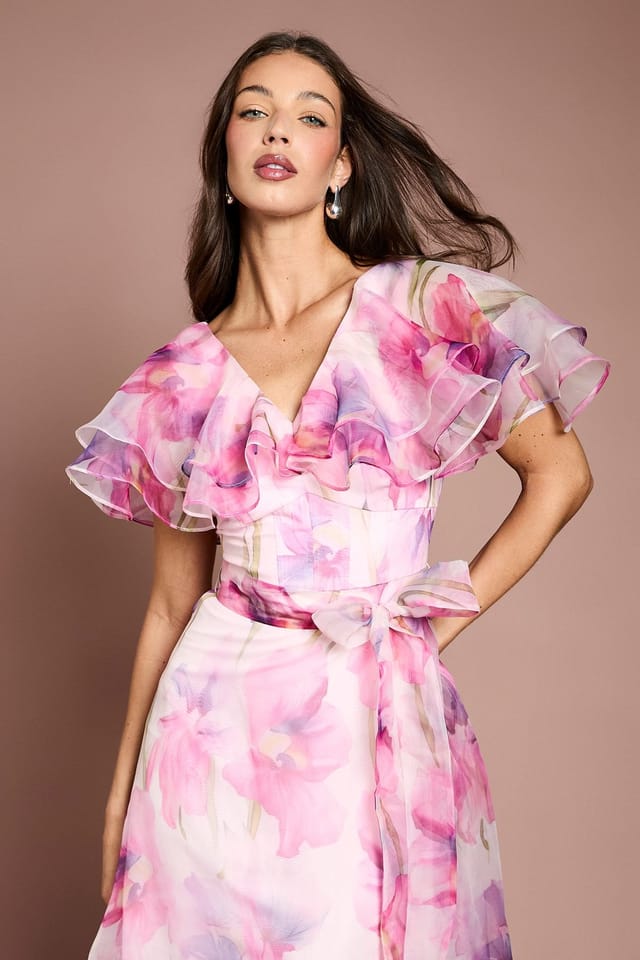 Coast Coast Women's Printed Organza Ruffle Sleeve Midi Dress in Pink - 2