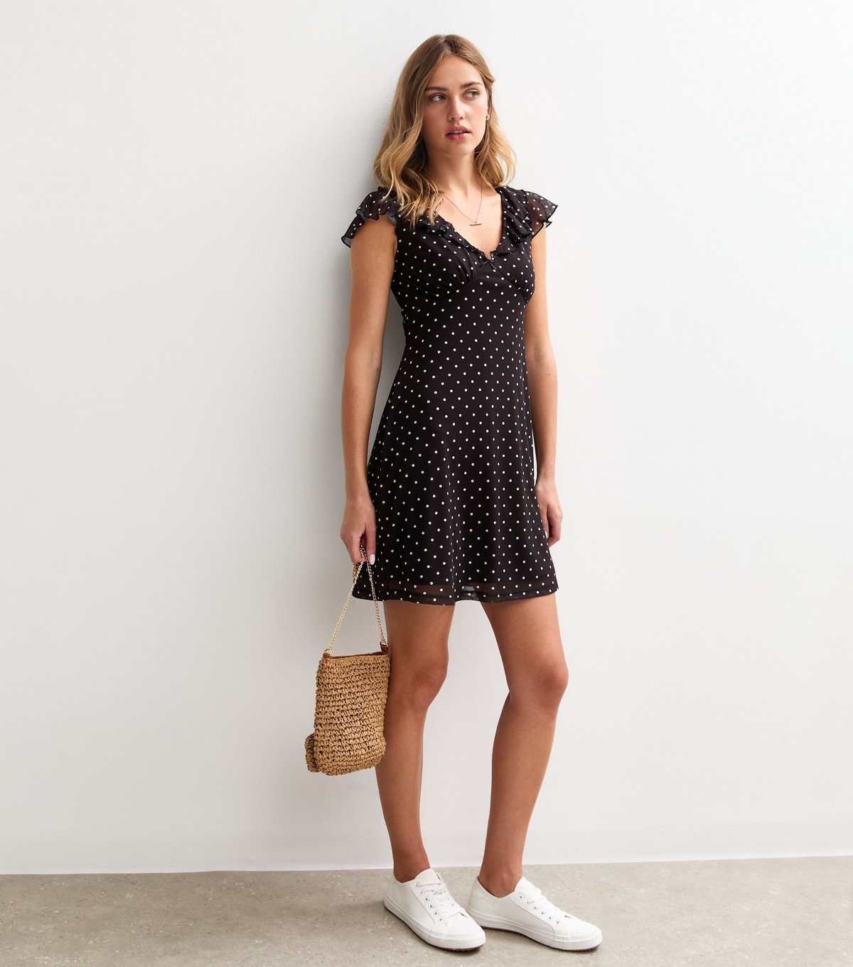 New Look Women's Black Mesh Polka Dot Frill Trim Mini Dress New Look - 3