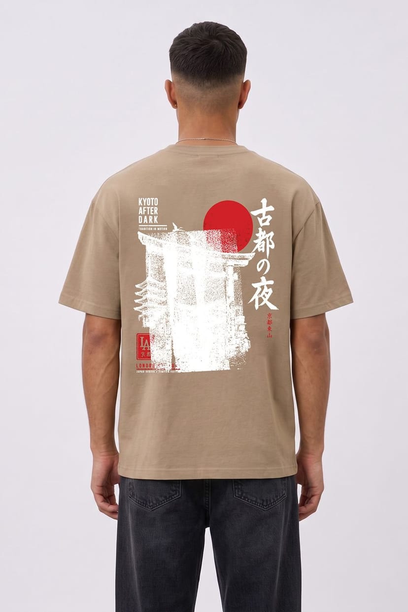 LONDON ATTITUDE LONDON ATTITUDE Men's Kyoto After Dark Oversized Heavyweight Japanese Graphic T-Shirt in Light Sand - 1