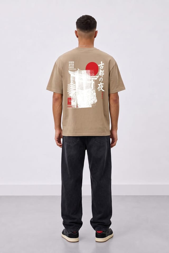LONDON ATTITUDE LONDON ATTITUDE Men's Kyoto After Dark Oversized Heavyweight Japanese Graphic T-Shirt in Light Sand - 3