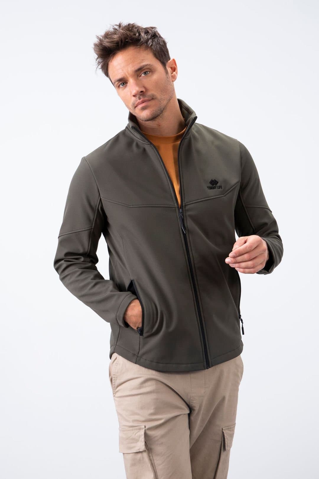 Tommy Life Tommy Life Men's Solid Scuba Zip-Front Jacket in Khaki