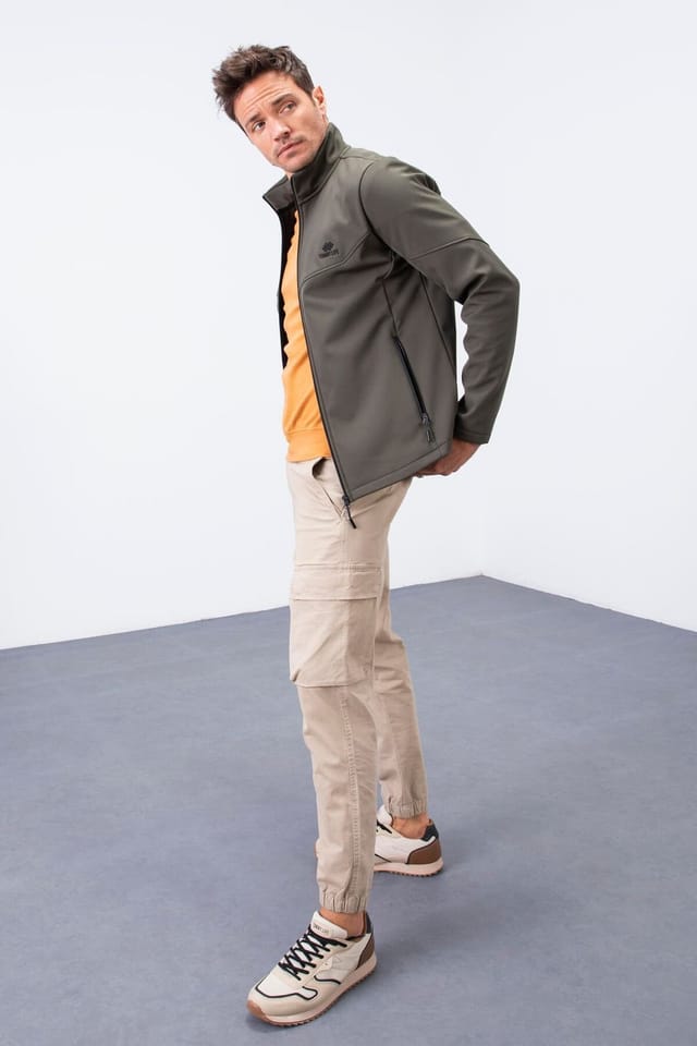 Tommy Life Tommy Life Men's Solid Scuba Zip-Front Jacket in Khaki - 2
