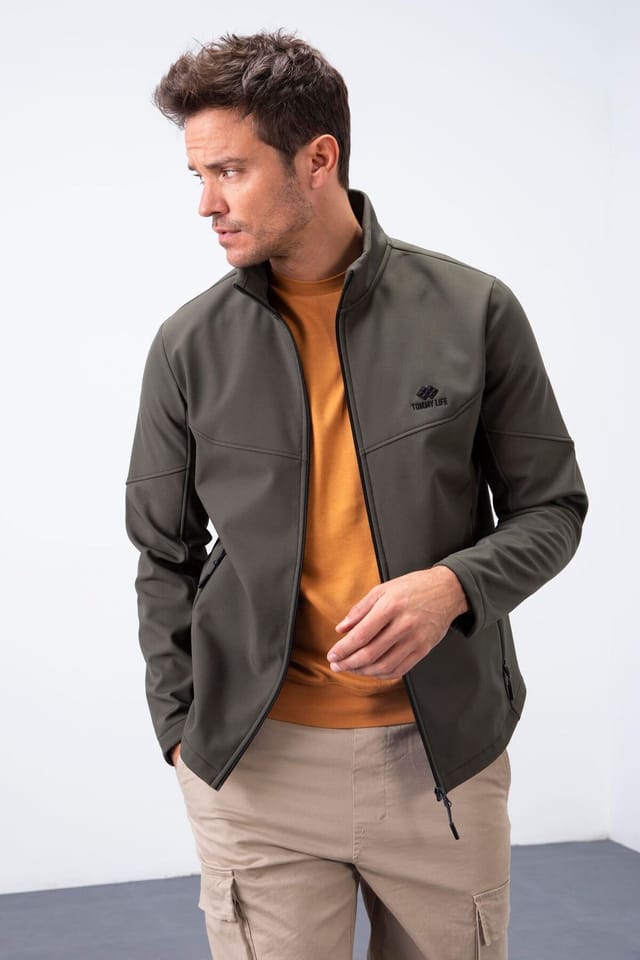 Tommy Life Tommy Life Men's Solid Scuba Zip-Front Jacket in Khaki - 3