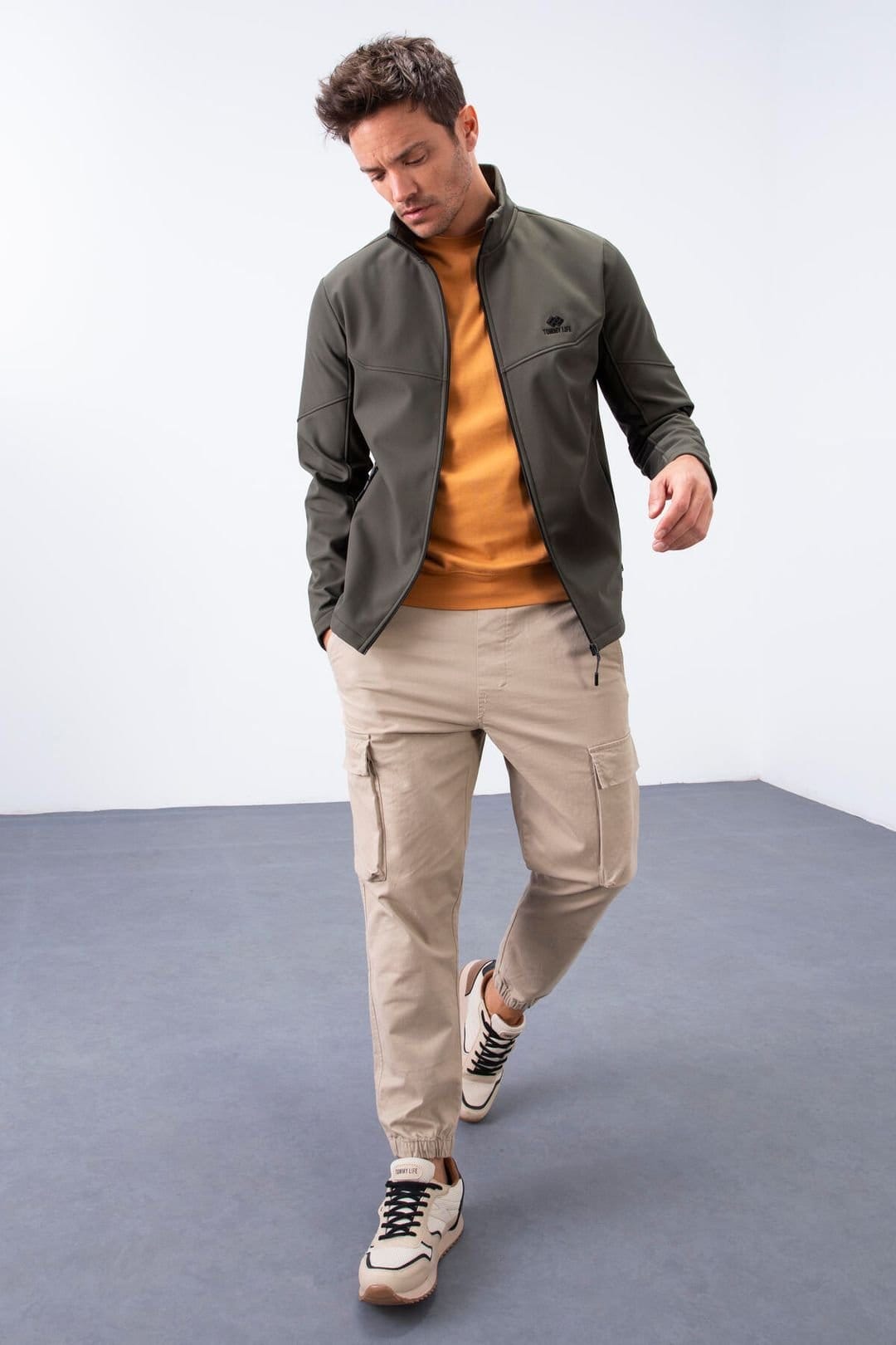 Tommy Life Tommy Life Men's Solid Scuba Zip-Front Jacket in Khaki - 4