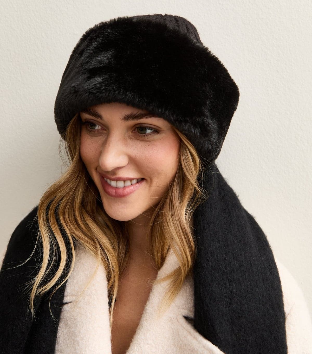 New Look Black Faux Fur Trim Hat New Look