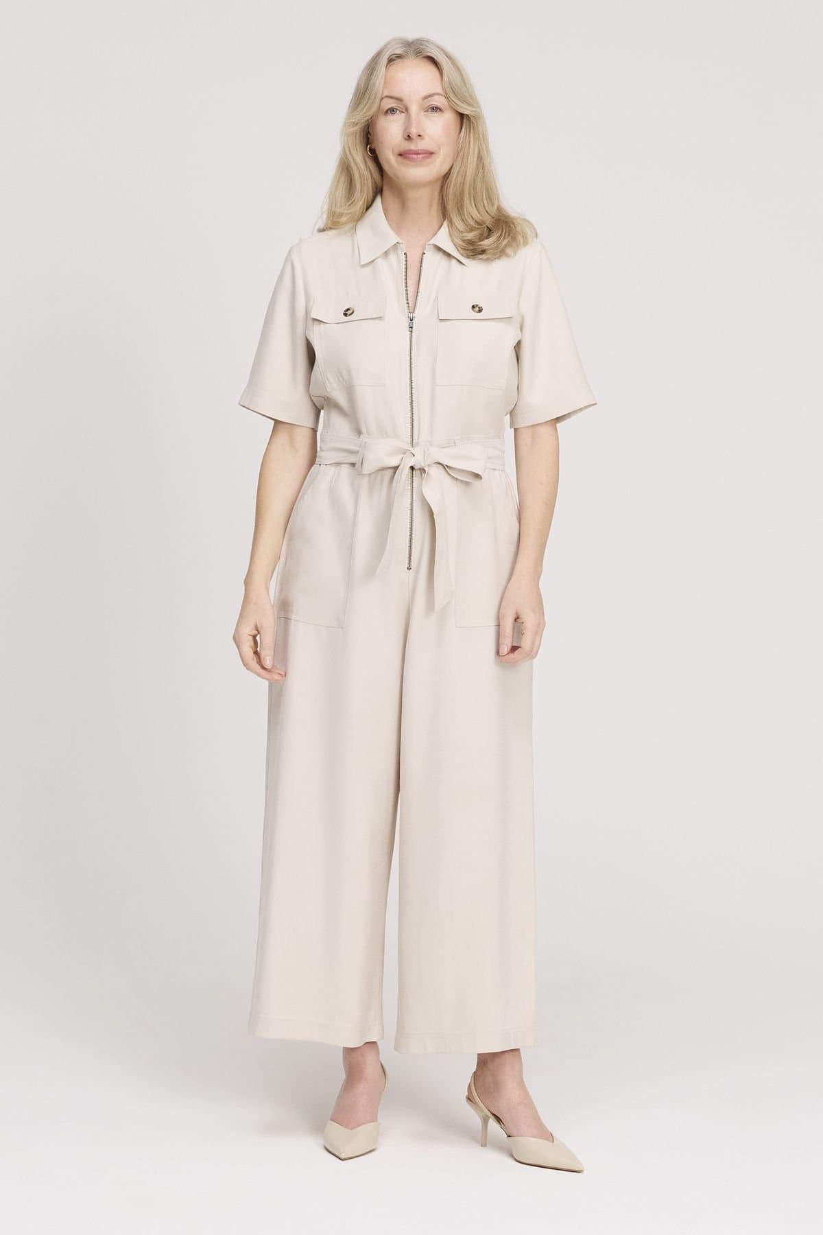 Finery London Finery London Women's Marie Wide Leg Cropped Jumpsuit in Light Beige