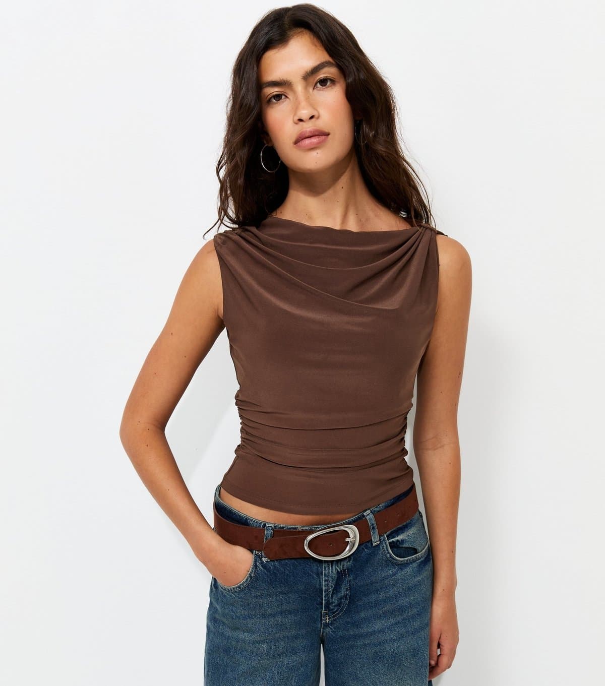New Look Women's Dark Brown Jersey Knotted Asymmetric Shoulder Top New Look