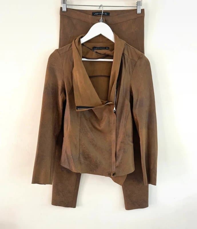 Zara 🤎 Zara Woman Brown Faux Suede Co Ord Jacket Trousers Set Draped Biker UK 8 Small