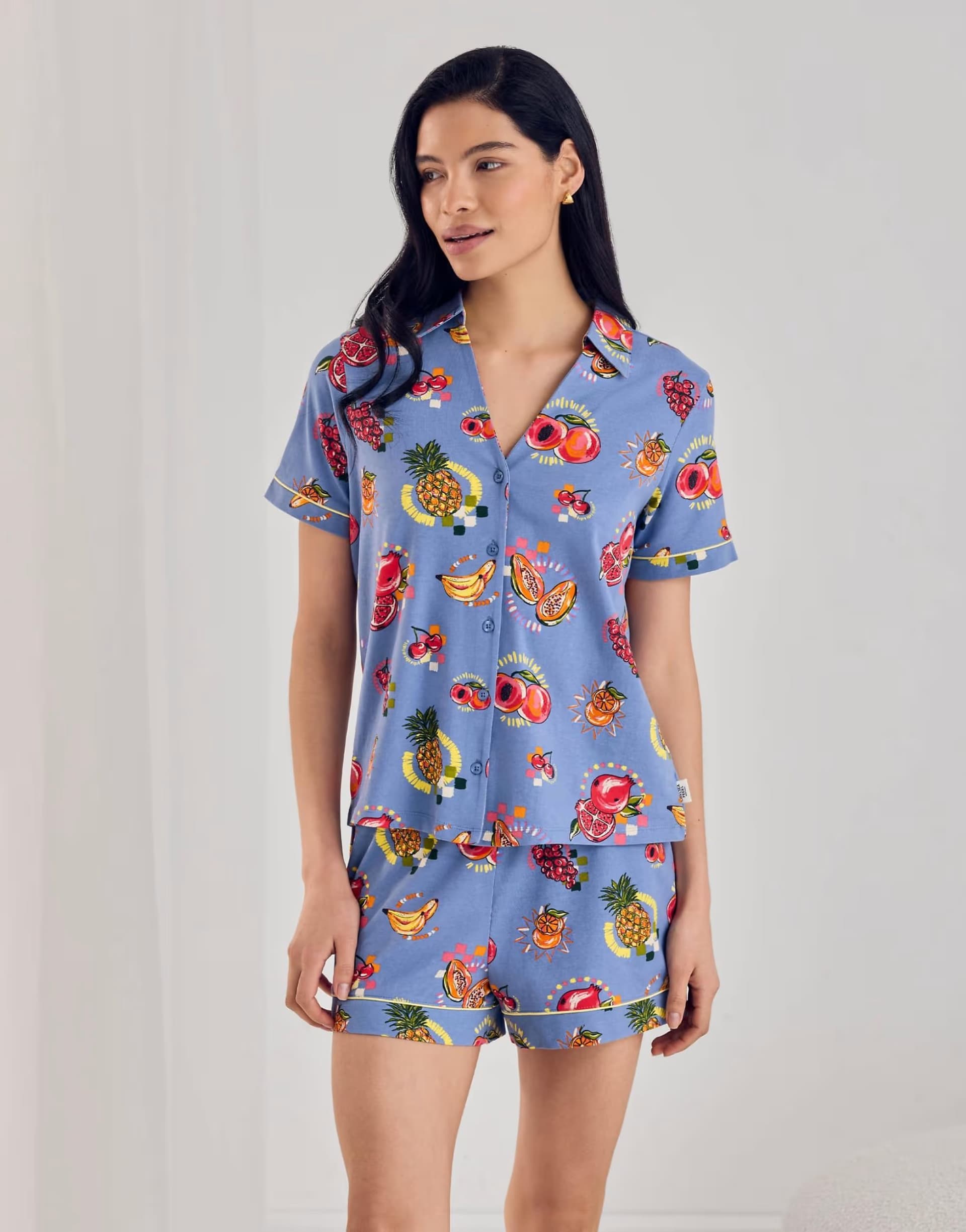 ASOS Chelsea Peers Cotton fruit party print button up short pyjama set in blue