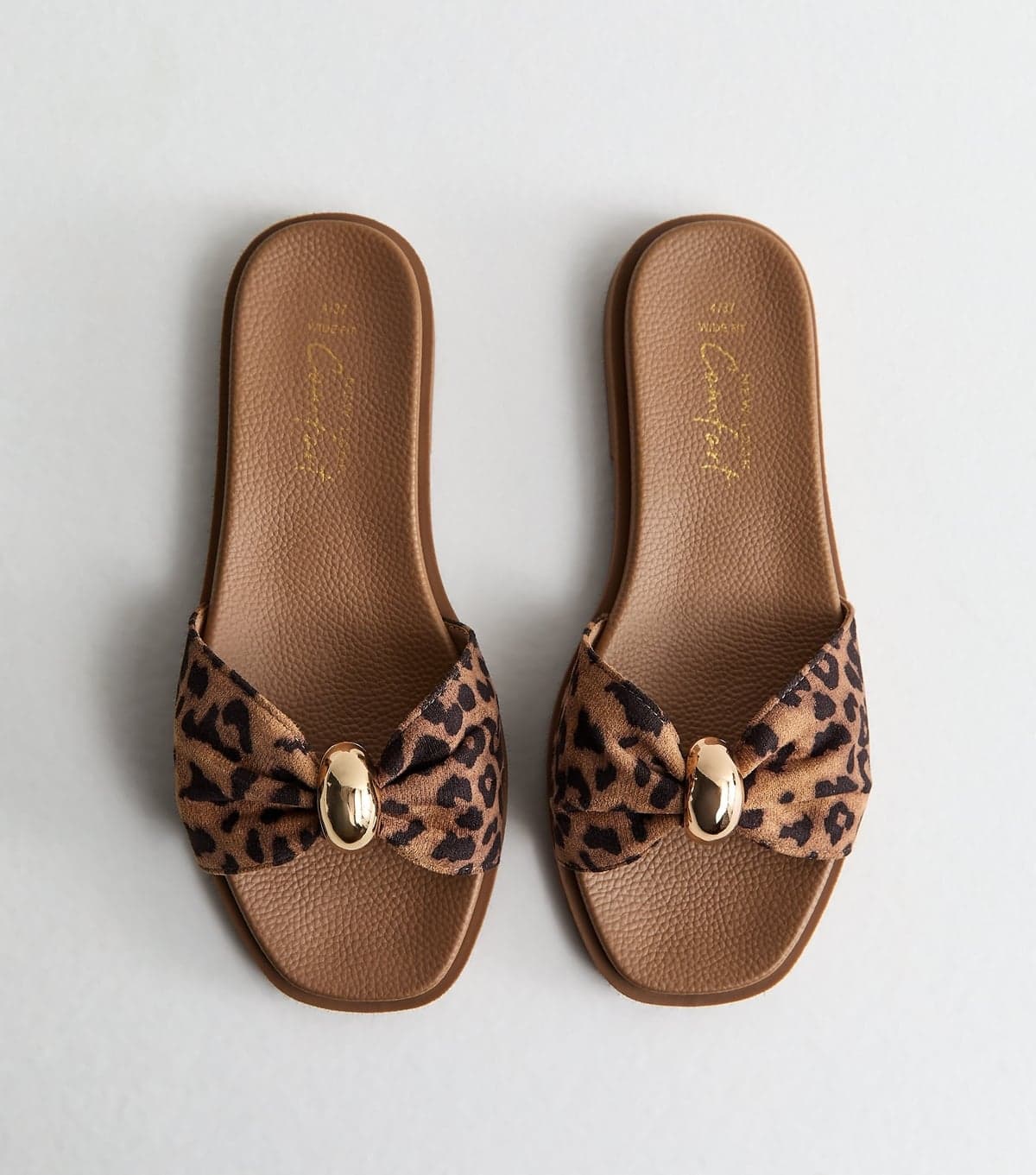 New Look Women's Wide Fit Brown Animal Print Flat Mule Sandals Vegan New Look